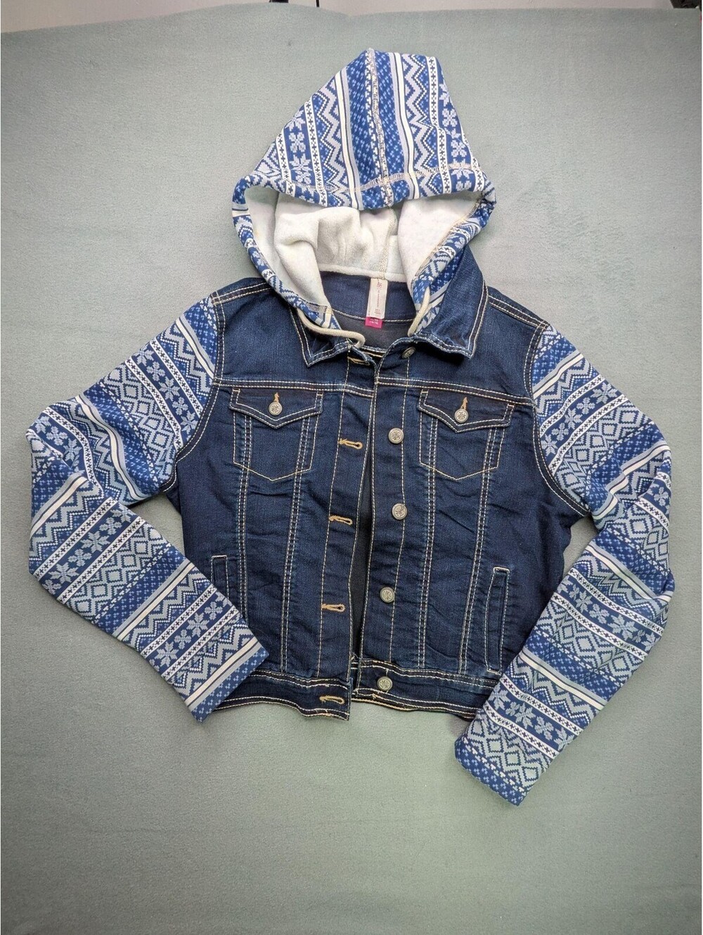 No Boundaries Jacket Girls 18 Blue Hooded Denim Fair Isle Fleece Lined Knit